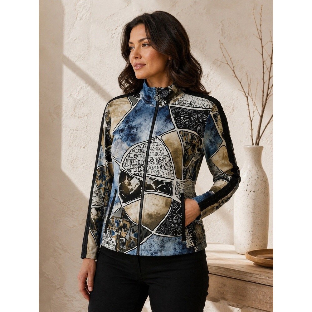Dolcezza Blue Mood Abstract Print Zip Jacket Rhinestone Trim XL NWT